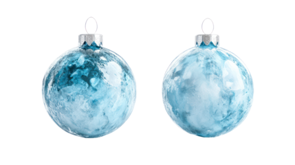 Two oval blue glass christmas ornaments isolated on transparent background