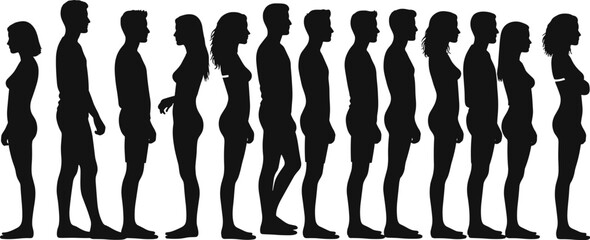 Human growth silhouettes from child to adult, male and female figures in developmental stages, black vector icons for anatomy, education, biology