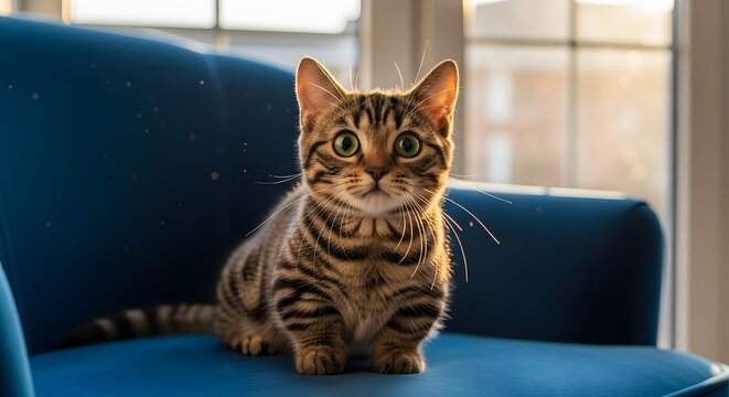 Tabby cat with green eyes sitting on blue armchair in sunlit room with large windows showing cozy indoor moment and warm natural light - Powered by Adobe