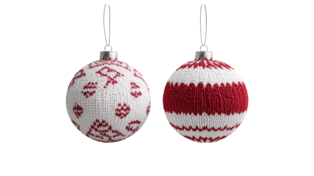 Two christmas ornaments with red and white patterns isolated on transparent background