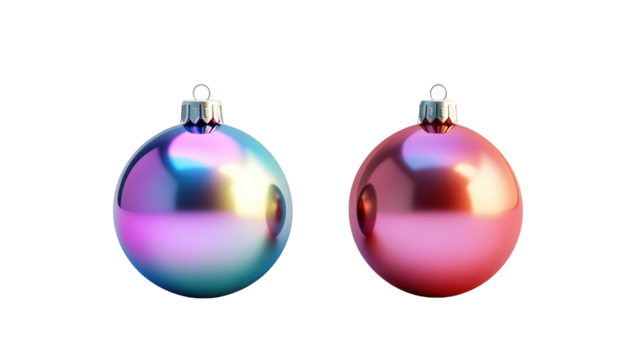 Two oval iridescent christmas ornaments isolated on transparent background