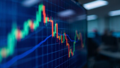 Stock market chart with data, candlestick, and trend line view