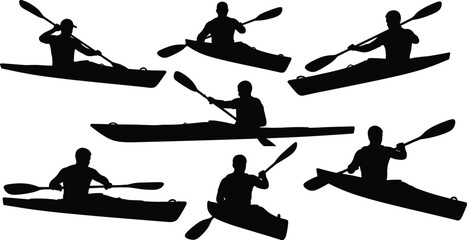 Kayak paddlers silhouettes in motion, six kayakers with double-blade paddles, dynamic rowing poses, water sport, outdoor recreation, adventure, vector illustration