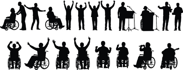 Inclusive performers with wheelchairs and standing figures, public speaking and music, accessible stage, diversity in disability representation, singing, speaking, vector silhouette illustration
