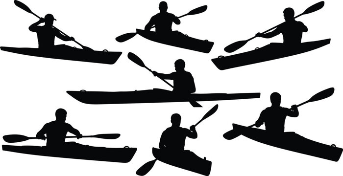 Kayak paddlers silhouettes in motion, six kayakers with double-blade paddles, dynamic rowing poses, water sport, outdoor recreation, adventure, vector illustration