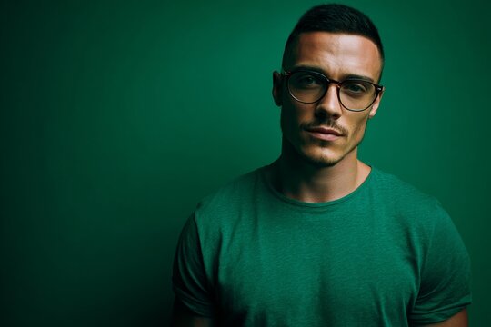 The art of simplicity: uniting style and nature. Studio shot. Fashion meets nature: a man in vintage green among leaves. Empty space. Minimal design.