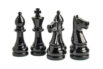 A close-up view of four black chess pieces. including a pawn. king. knight. and bishop. arranged elegantly on a white background. ideal for chess-related content and educational materials