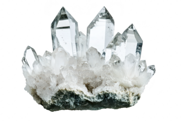 A stunning cluster of clear quartz crystals emerging from a rocky base. their intricate formations and natural beauty. perfect for decorative or healing purposes