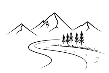 Simple black and white line art landscape mountains and natural scenery illustration