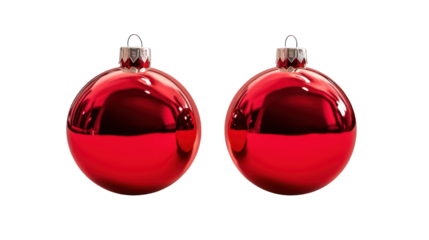 Two shiny red oval christmas ornaments isolated on transparent background