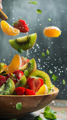 A dynamic closeup captures fresh fruit in midsplash as a hand tosses vibrant kiwi, strawberries, and oranges. Juicy droplets and soft natural lighting highlight a refreshing summer salad