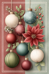 Elegant holiday artwork features Christmas balls with snowflakes and elements of Christmas decorations arranged in a clean, minimal composition. 