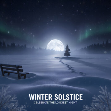 Peaceful winter solstice night with full moon and aurora borealis