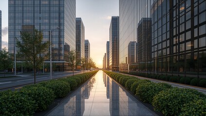 Modern urban street with glass skyscrapers and reflective pathway.