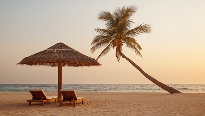 Tropical beach scene, straw umbrella, two lounge chairs, palm
