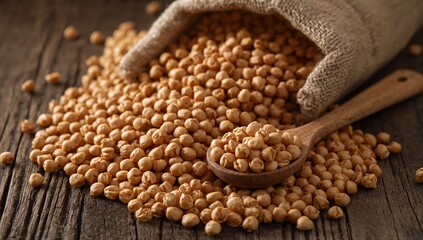 Dried chickpeas spilling from a burlap sack with wooden spoon