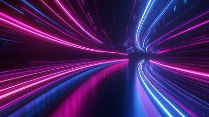 Abstract tunnel with neon light trails in pink and blue creating a futuristic background look