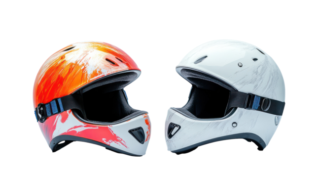 Two motocross helmets one orange and white the other white isolated on transparent background