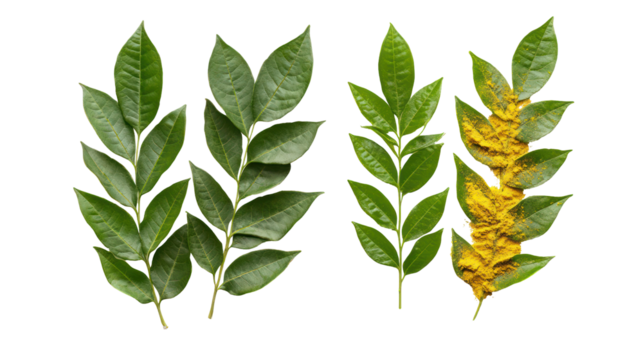 Green leaves and yellow flower sprigs isolated on transparent background - Powered by Adobe