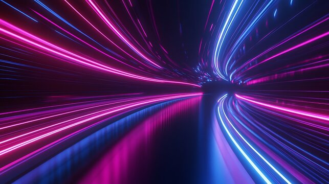 Abstract tunnel with neon light trails in pink and blue creating a futuristic background look