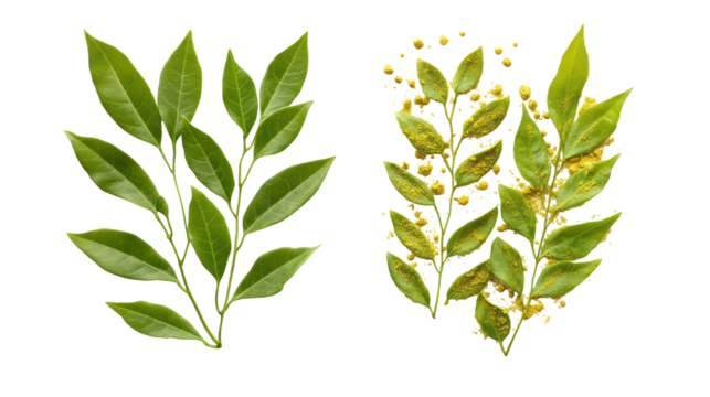 Two green leafy branches isolated on transparent background