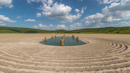 Concentric patterns in dry land, central water, wooden pillars