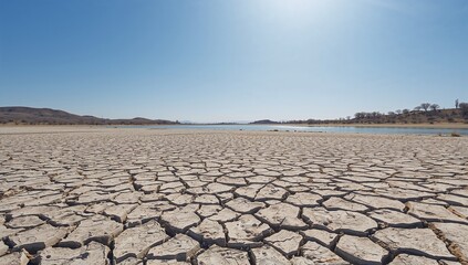 Drought-stricken landscape: cracked earth, low lake, clear sky