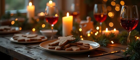 Festive Holiday Table Setting with Candles, Wine, and Gingerbread Cookies for Celebration