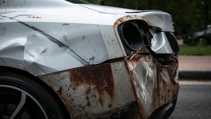 Close-up of severely damaged white car showing rust and dents.
