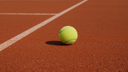 Tennis ball on red clay court surface with white line detail