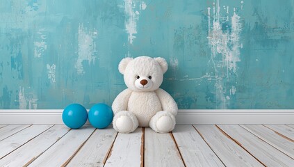 Cute white teddy bear with blue balls on wood floor, teal wall
