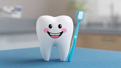 Happy cartoon tooth and toothbrush for important dental care