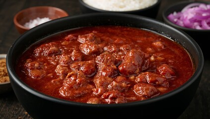 Delicious beef stew with rich tomato sauce in black bowl meal.