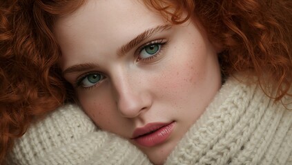 Close up portrait of a young woman with red hair and green eyes