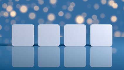 Four blank white rounded square blocks on blue bokeh background