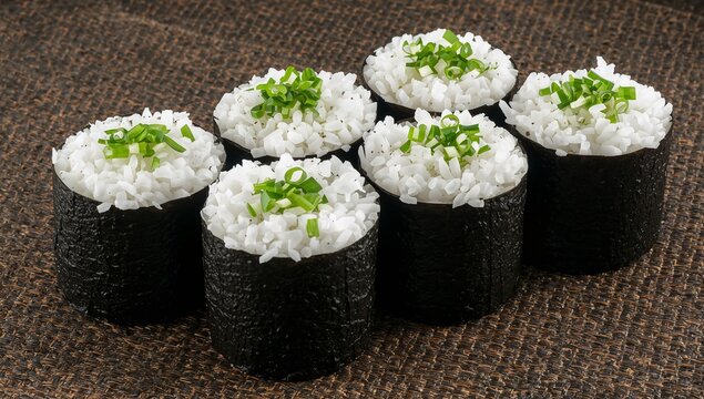 Japanese maki sushi rolls with rice, nori, and fresh chives on mat