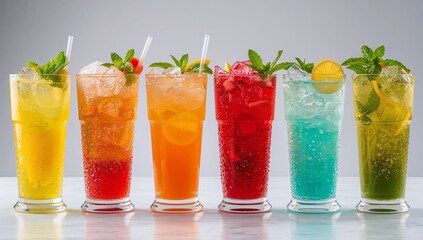 Assortment of vibrant cold beverages with ice, mint, and fruit.