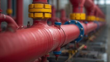 Industrial red pipe network with vibrant connection points system