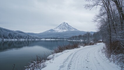 Snow-capped mountain reflects in a still lake with a snowy track