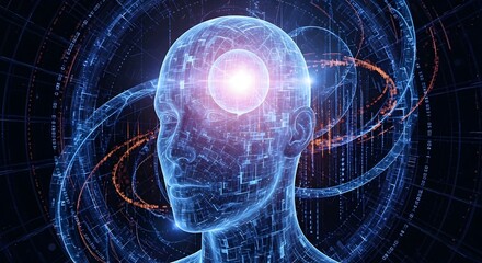 Futuristic human head with glowing neural light and circuit patterns symbolizing artificial intelligence and digital consciousness