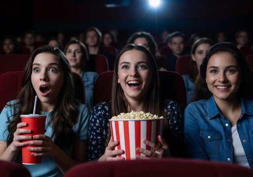 Three young women enjoying a movie at the cinema, with popcorn and drinks, expressing various emotions from surprise to joy.
