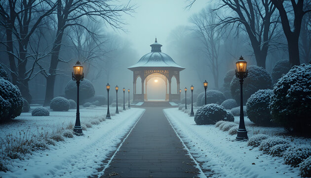 Snowy winter scene with a gazebo and glowing lamps in a park shrouded in mist and soft light ambiance - Powered by Adobe