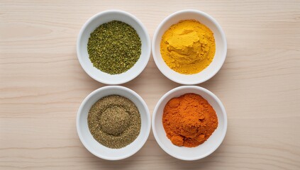 Four ceramic bowls of colorful ground spices on a wooden table
