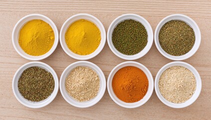 Variety of vibrant aromatic ground spices and herbs in white bowls.