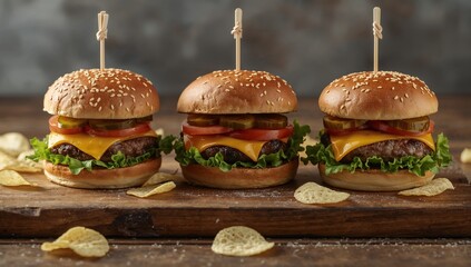 Three gourmet mini cheeseburger sliders with chips on wood board