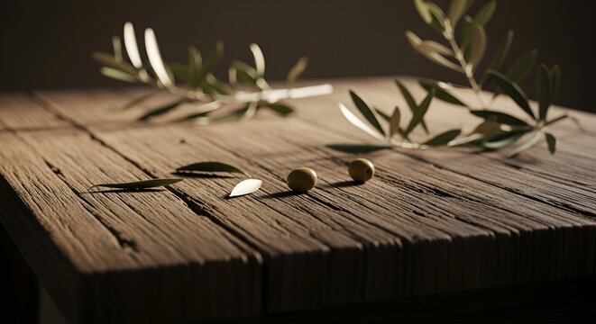 Rustic still life featuring fresh olives and olive branches on a wooden surface