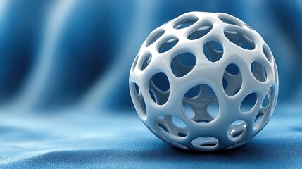 Abstract white sphere on blue fabric; decorative element; background; design inspiration; stock photography