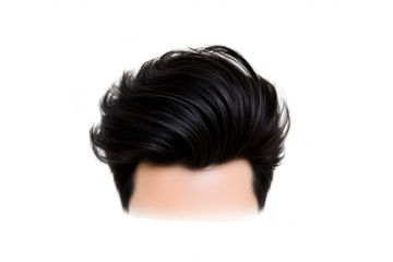 A close-up view of a stylish. voluminous hairstyle rich. dark hair with dynamic movement. set against a plain white background. ideal for beauty and haircare promotions