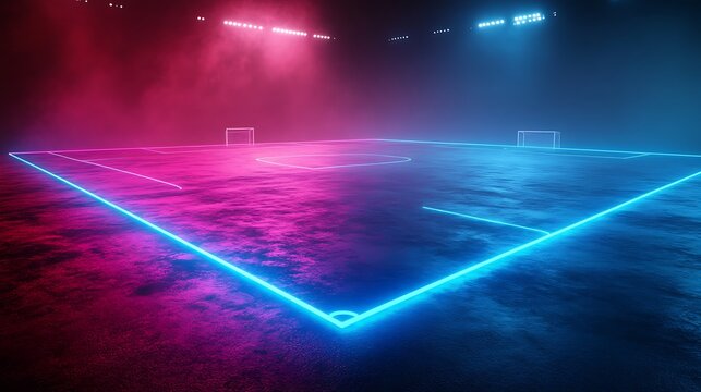 Neon lit soccer field with pink and blue lighting and goal posts in the distance at night time scene