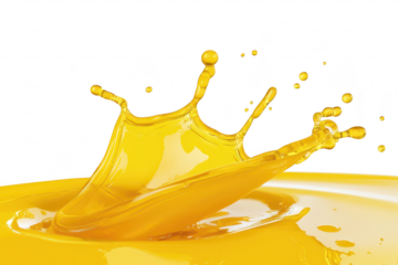 A splash of yellow liquid creates dynamic droplets against a clean white background. the energy and fluidity of the moment. ideal for creative and culinary projects